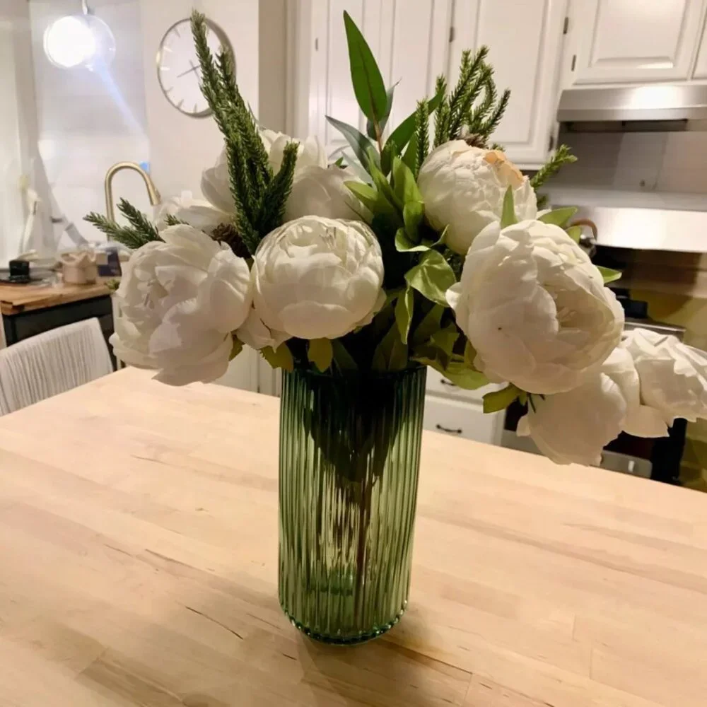 NEW West Elm Green Glass Boho Ribbed Cylinder Flower Vase Planter Decor - 8